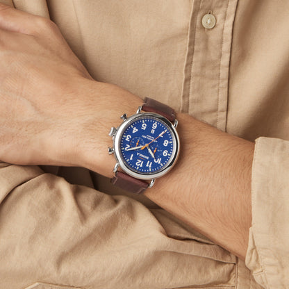 Shinola Runwell 47mm Blue chronograph on the wrist