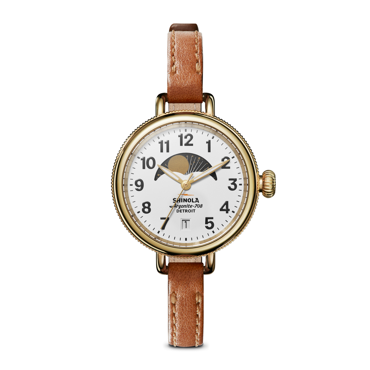 Shinola Birdy 34mm moon phase watch with white dial, gold PVD case and tan leather strap