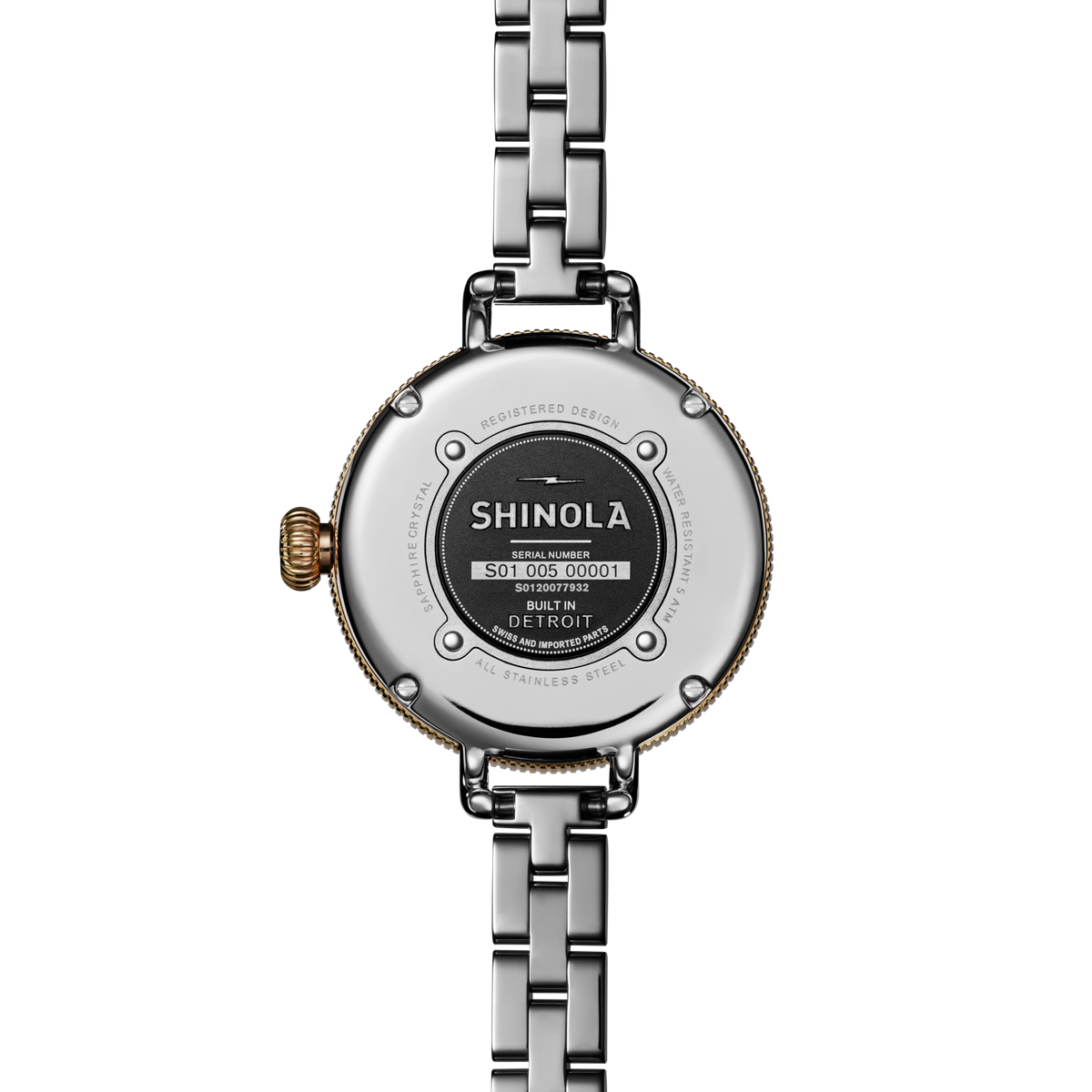 Shinola Birdy 34mm White Mother of Pearl watch caseback