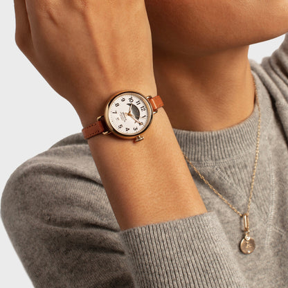 Shinola Birdy Moon Phase White watch on the wrist
