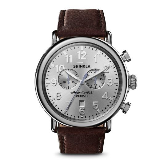 Shinola Runwell 47mm chronograph watch with silver dial and brown leather strap
