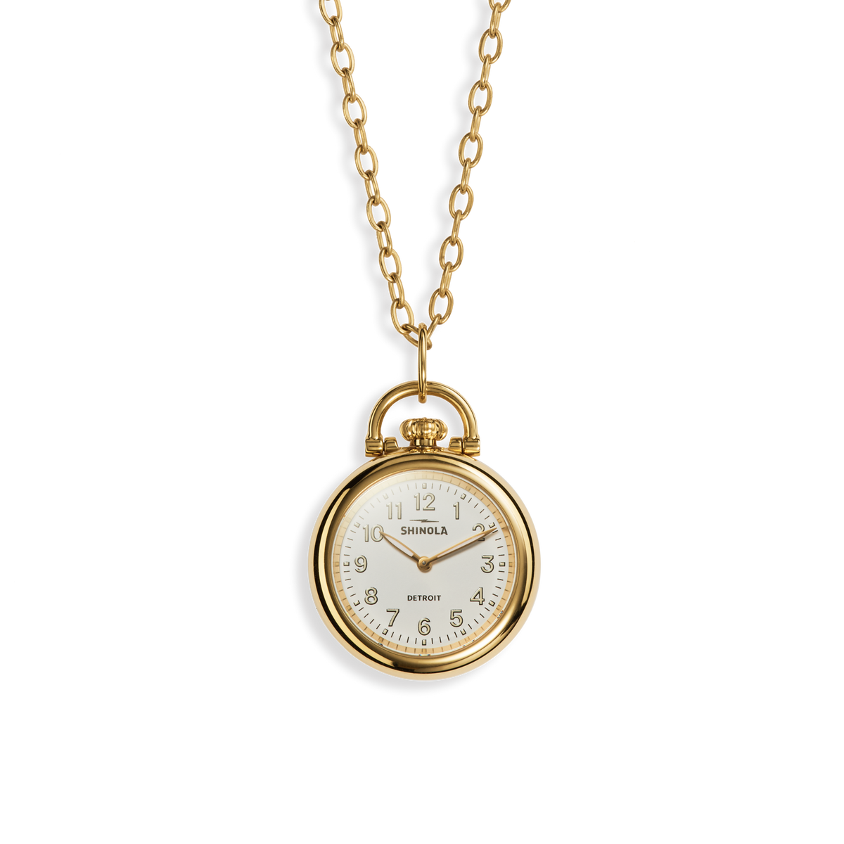 Shinola Runwell watch pendant necklace with white dial and gold PVD case