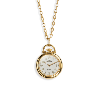 Shinola Runwell watch pendant necklace with white dial and gold PVD case