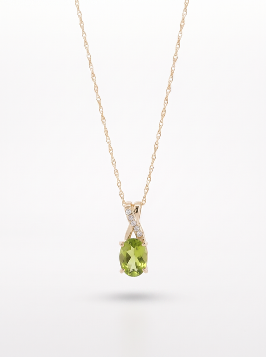 Peridot and diamond pendant necklace in 10K yellow gold — front view, white background