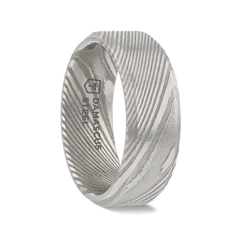 GHOST Grey Damascus Steel Brushed Beveled Mens Wedding Ring