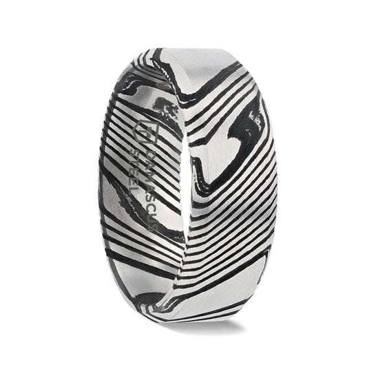 MELVIN Black Damascus Steel Brushed Beveled Mens Wedding Ring