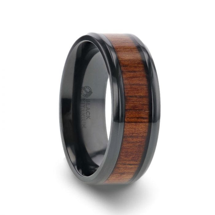 LEIFI Black Titanium with Koa Wood Inlay and Bevels Ring