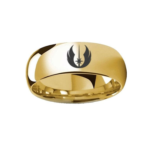 Polished Gold Plated Tungsten Domed Jedi Order Symbol Star Wars Engraved Ring