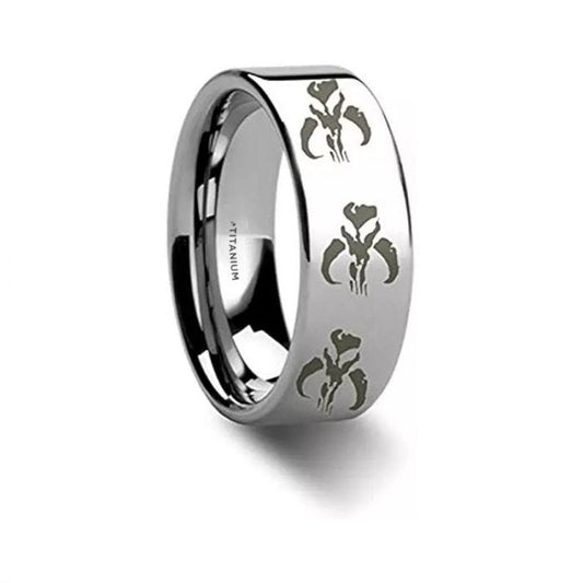 Thorsten Mandalorian Symbol Star Wars Polished Titanium Engraved Ring