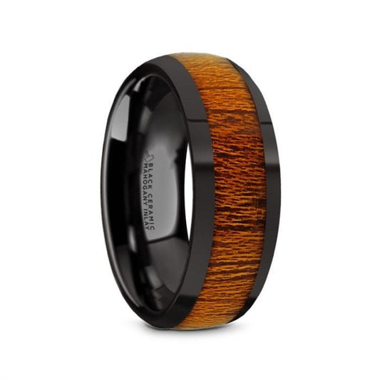 MABINI Black Ceramic Mahogany Wood Inlaid Menâs Domed Wedding Band