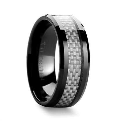 MYSTIQUE Beveled White Carbon Fiber Inlaid Ceramic Ring
