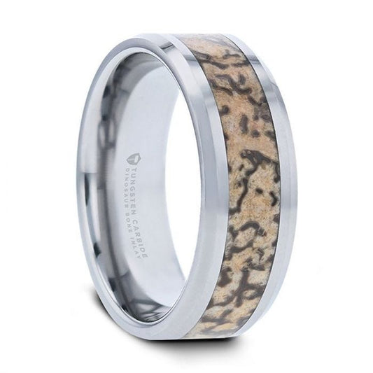 ORDOVICIAN Dinosaur Bone Inlaid Tungsten Carbide Beveled Edged Ring