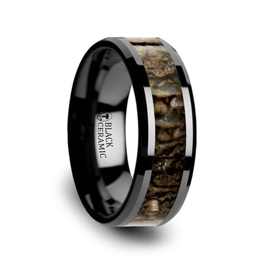 SILURIAN Dinosaur Bone Inlaid Black Ceramic Beveled Edged Ring