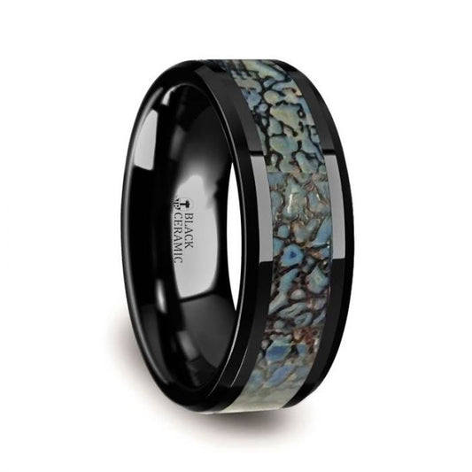 PERMIAN Blue Dinosaur Bone Inlaid Black Ceramic Beveled Edged Ring