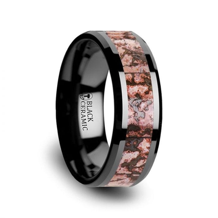 CAMBRIAN Pink Dinosaur Bone Inlaid Black Ceramic Beveled Edged Ring