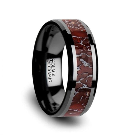 TRIASSIC Red Dinosaur Bone Inlaid Black Ceramic Beveled Edged Ring