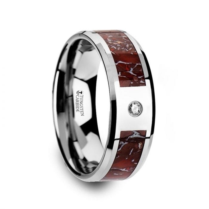 Red Dinosaur Bone Inlaid Tungsten Carbide Diamond Wedding Band