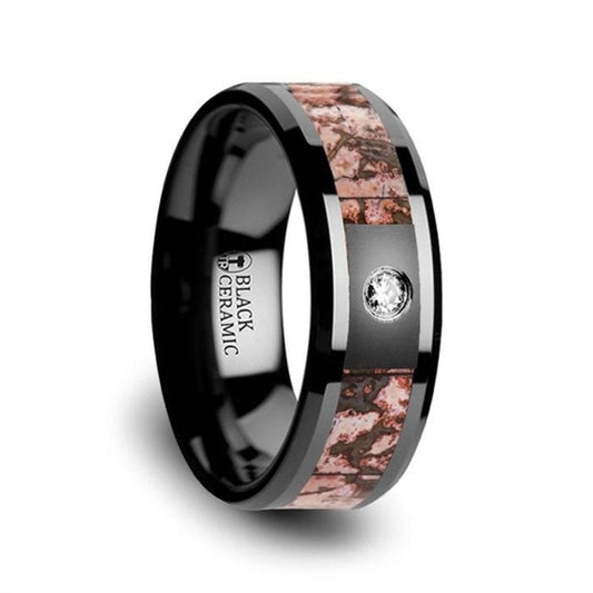 Pink Dinosaur Bone Inlaid Black Ceramic Diamond Wedding Band