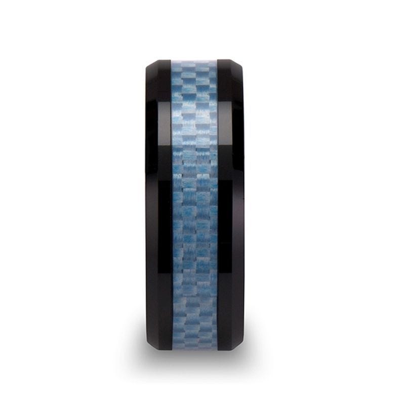 ATTICUS Beveled Blue Carbon Fiber Inlaid Black Ceramic Ring