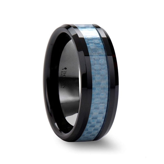ATTICUS Beveled Blue Carbon Fiber Inlaid Black Ceramic Ring
